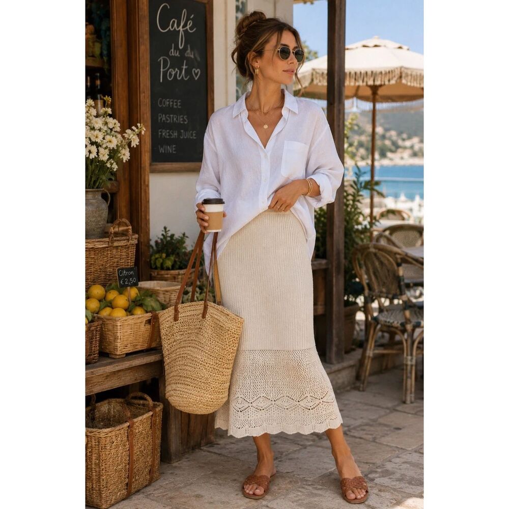 House of Harlow 1960 Cream Crochet Knit Midi Skirt - Size L